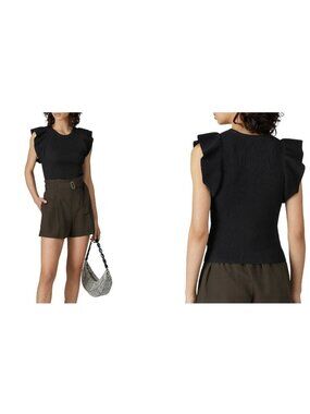 A.L.C Holley Ruffle Sleeve Ribbed Crewneck Short Sleeve Sweater Top Black Small